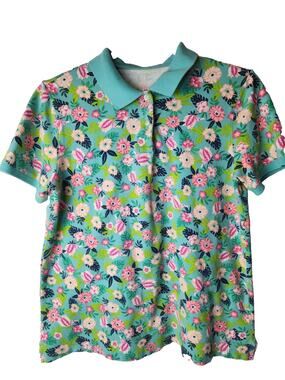 Lands End Womens M Medium Short Sleeve Blue Teal & Pink Floral Polo Shirt